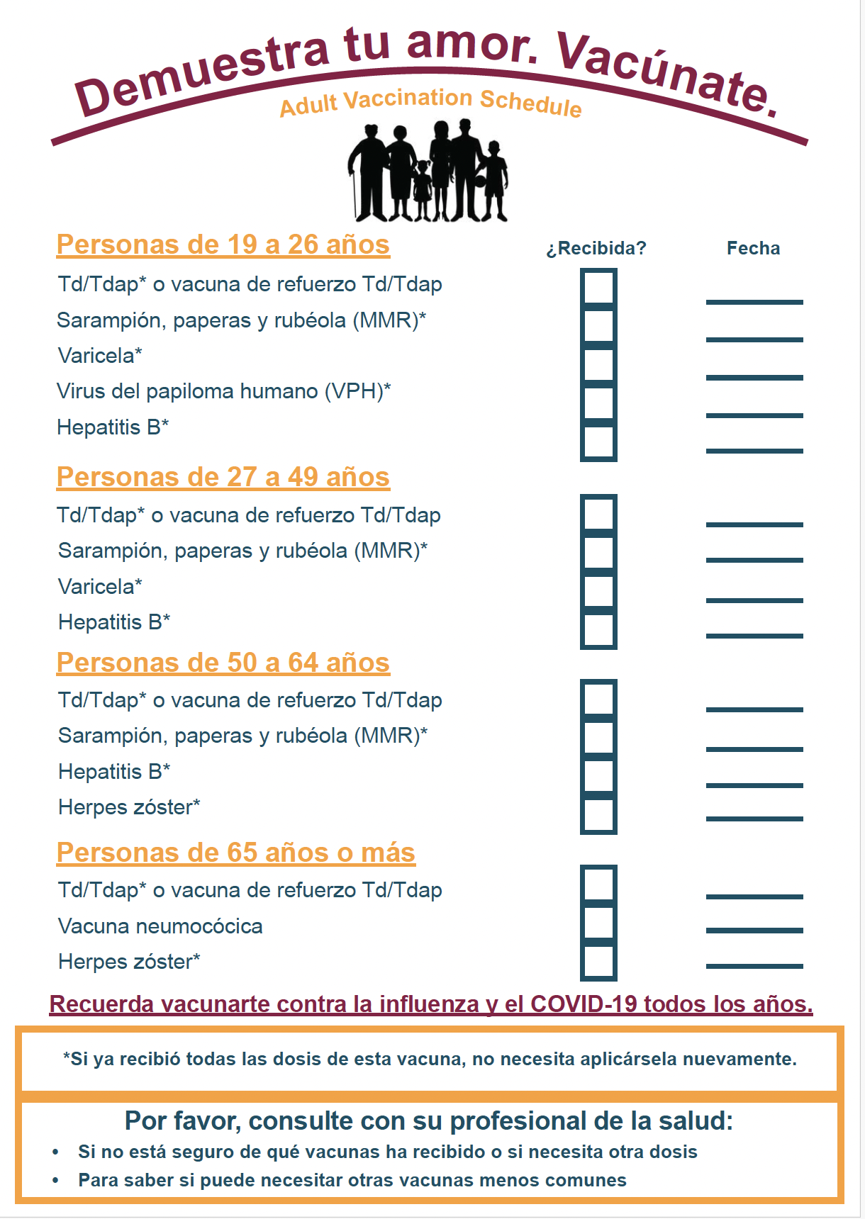 Adult Vaccine Schedule Poster with Checkbox - Spanish Adult Vaccine Schedule Poster with Checkbox - Spanish