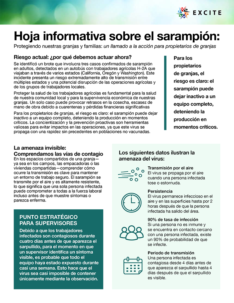 Cover for Measles Fact Sheet Protecting Our Farms and Families SPANISH